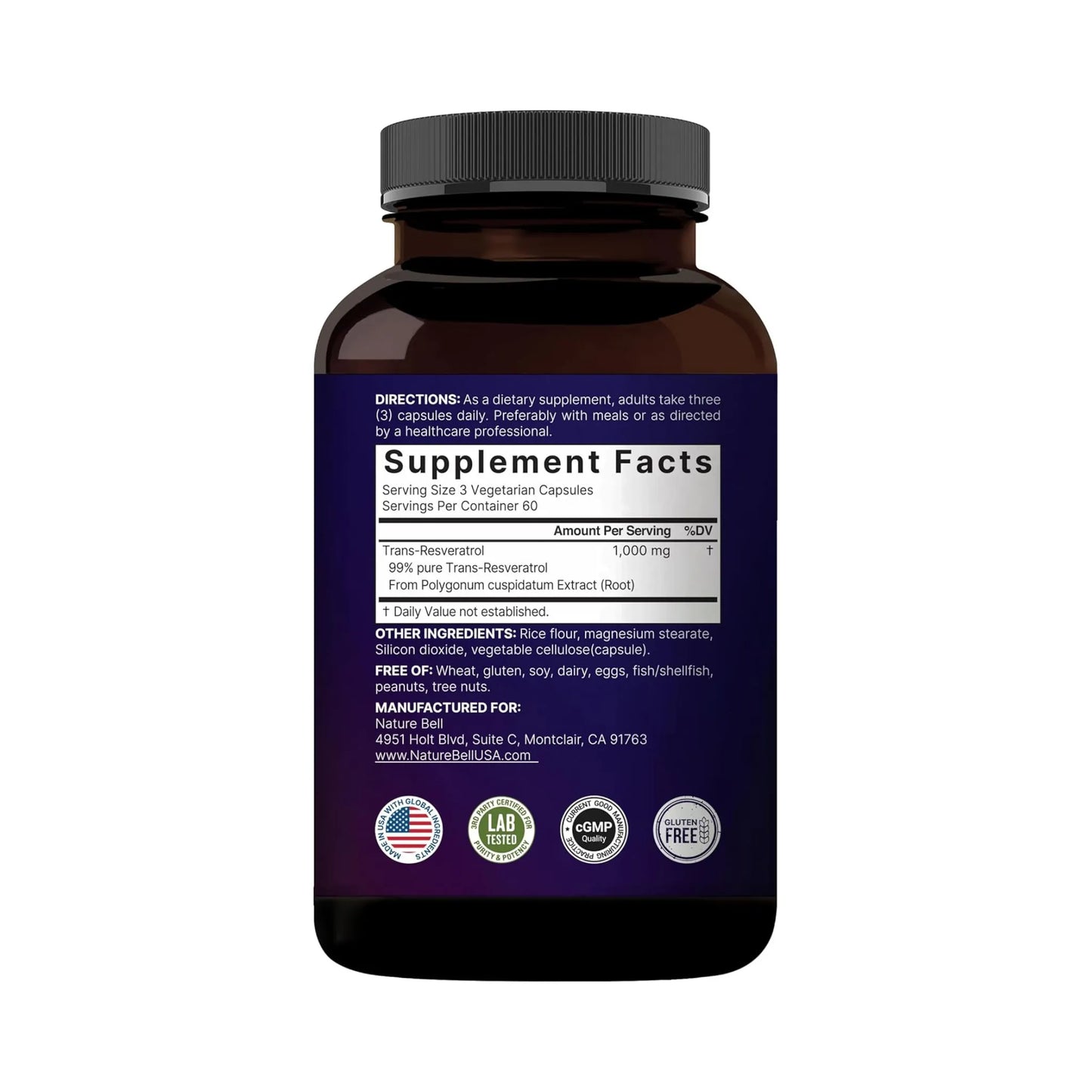 NatureBell Resveratrol 1000 mg - Tabla nutricional y supplement facts | Nuvio Perú