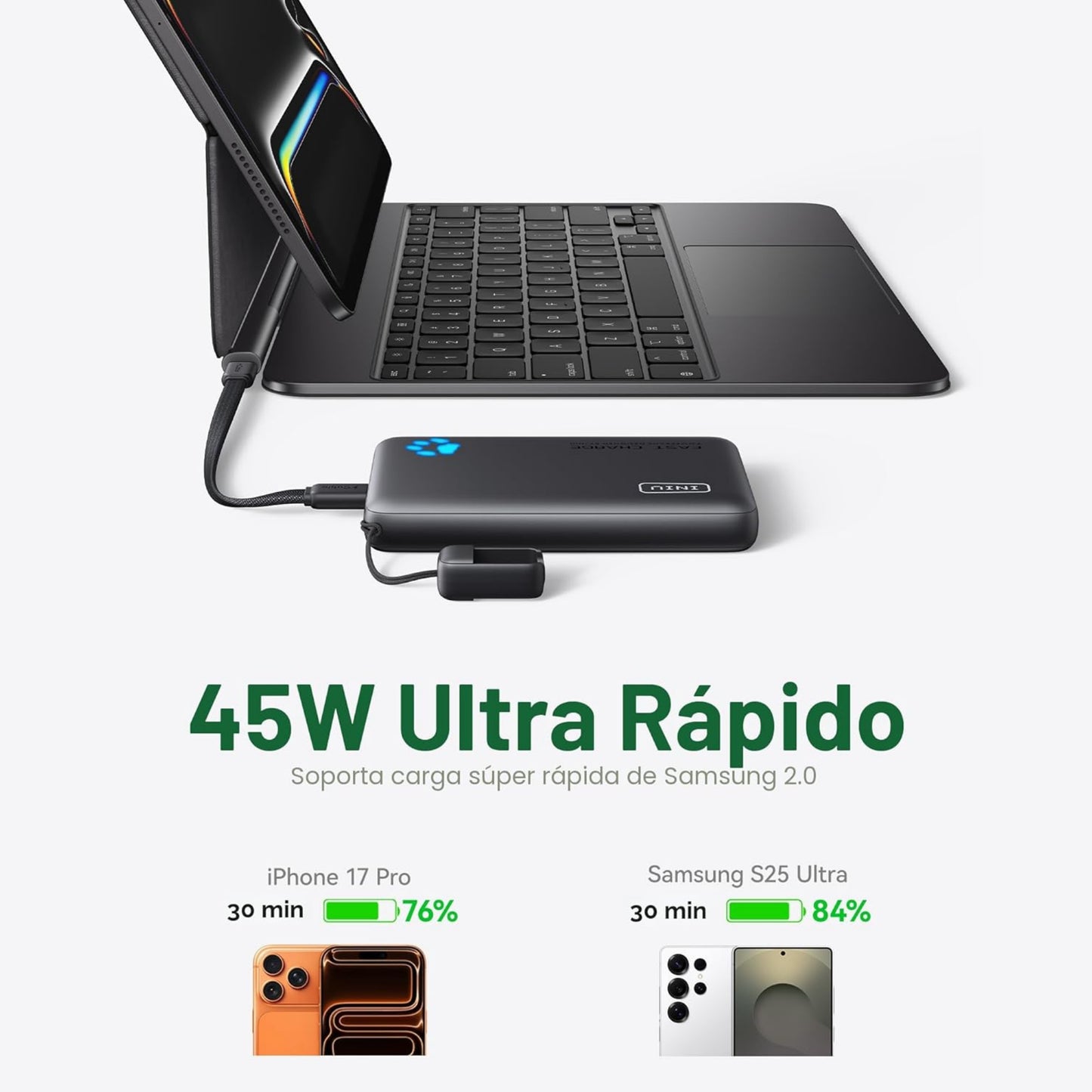 INIU Cargador portátil, ultra delgado de 45W de carga rápida con cable USB C