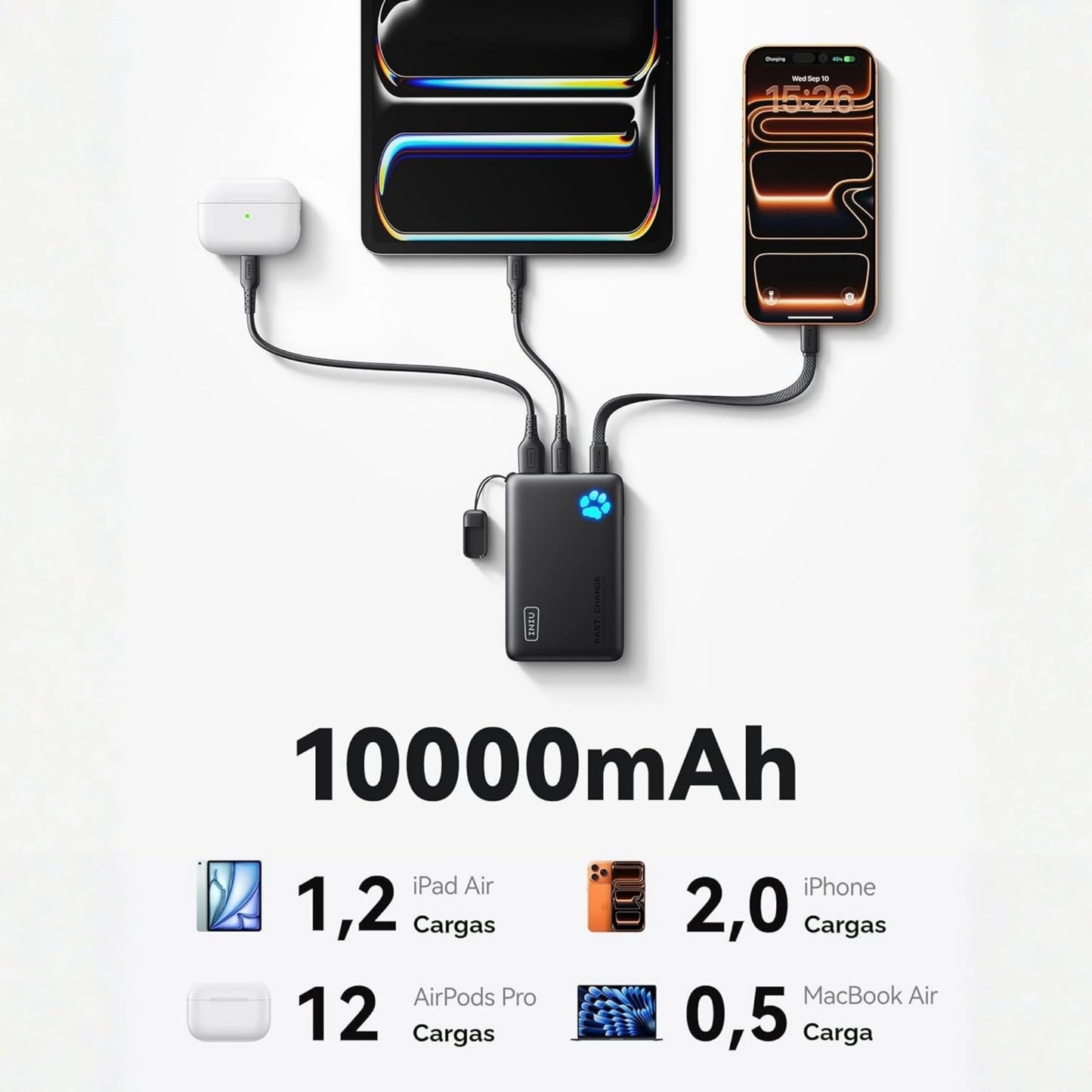 INIU Cargador Portátil Ultra Delgado 45W - Detalle de cable USB-C incluido | Nuvio Perú
