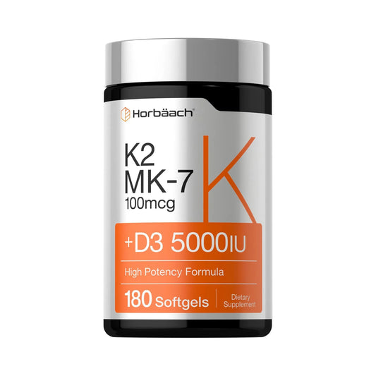 Horbaach Vitamina K2 MK7 + D3 5000 IU - Suplemento para huesos, corazón e inmunidad | Nuvio Perú
