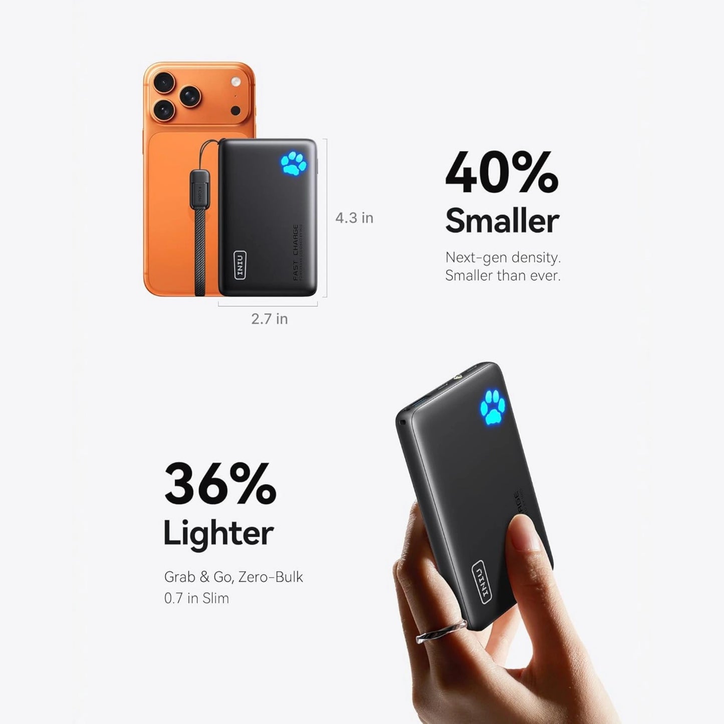 INIU Cargador portátil, ultra delgado de 45W de carga rápida con cable USB C