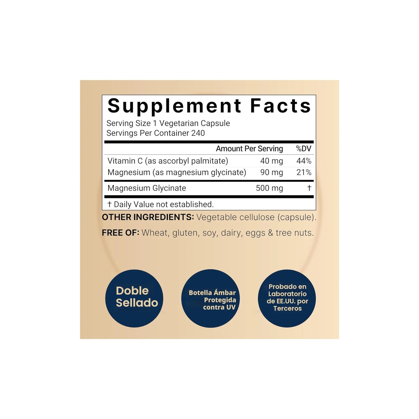 Glicinato de Magnesio 500 mg - Tabla nutricional y supplement facts | Nuvio Perú
