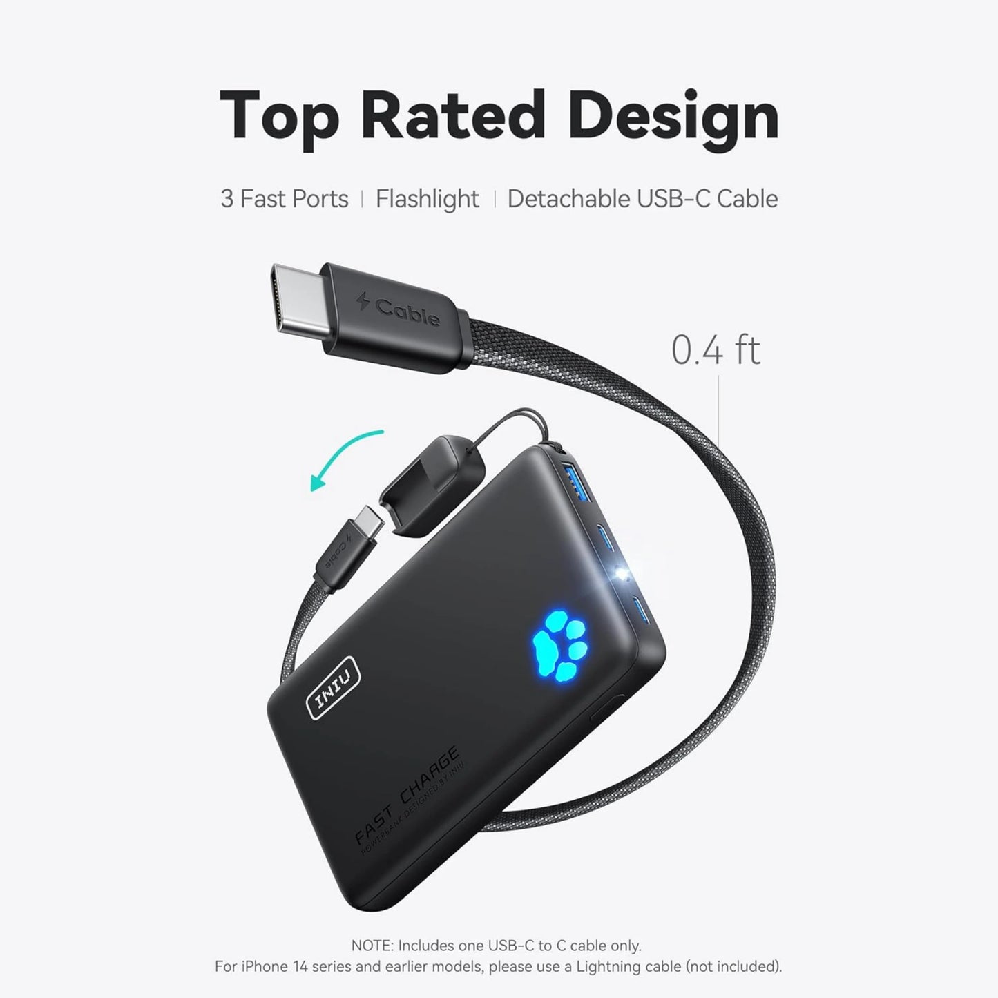 INIU Cargador portátil, ultra delgado de 45W de carga rápida con cable USB C