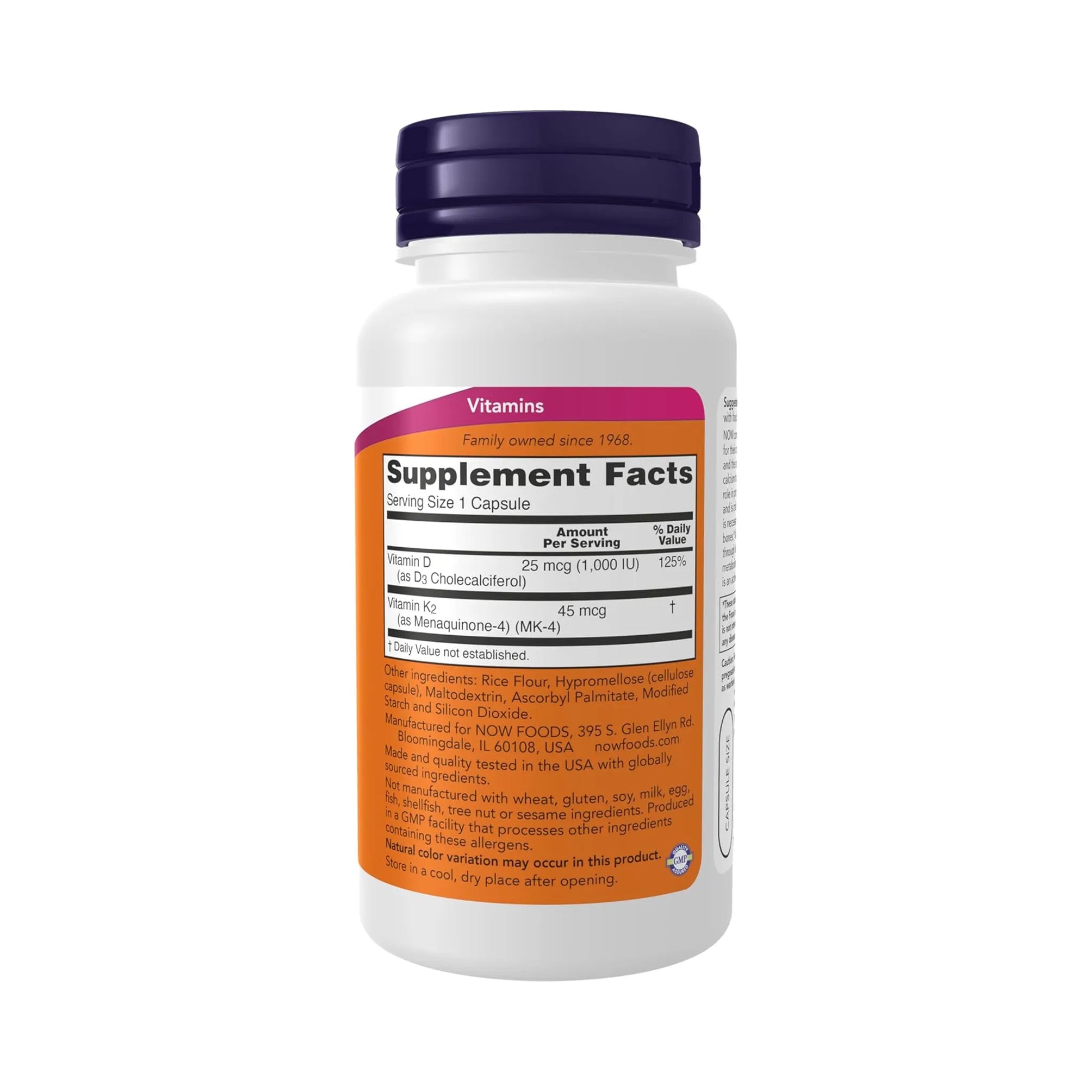 Now Vitamina D3 & K2 1000 IU 45 mcg - Tabla nutricional y supplement facts | Nuvio Perú
