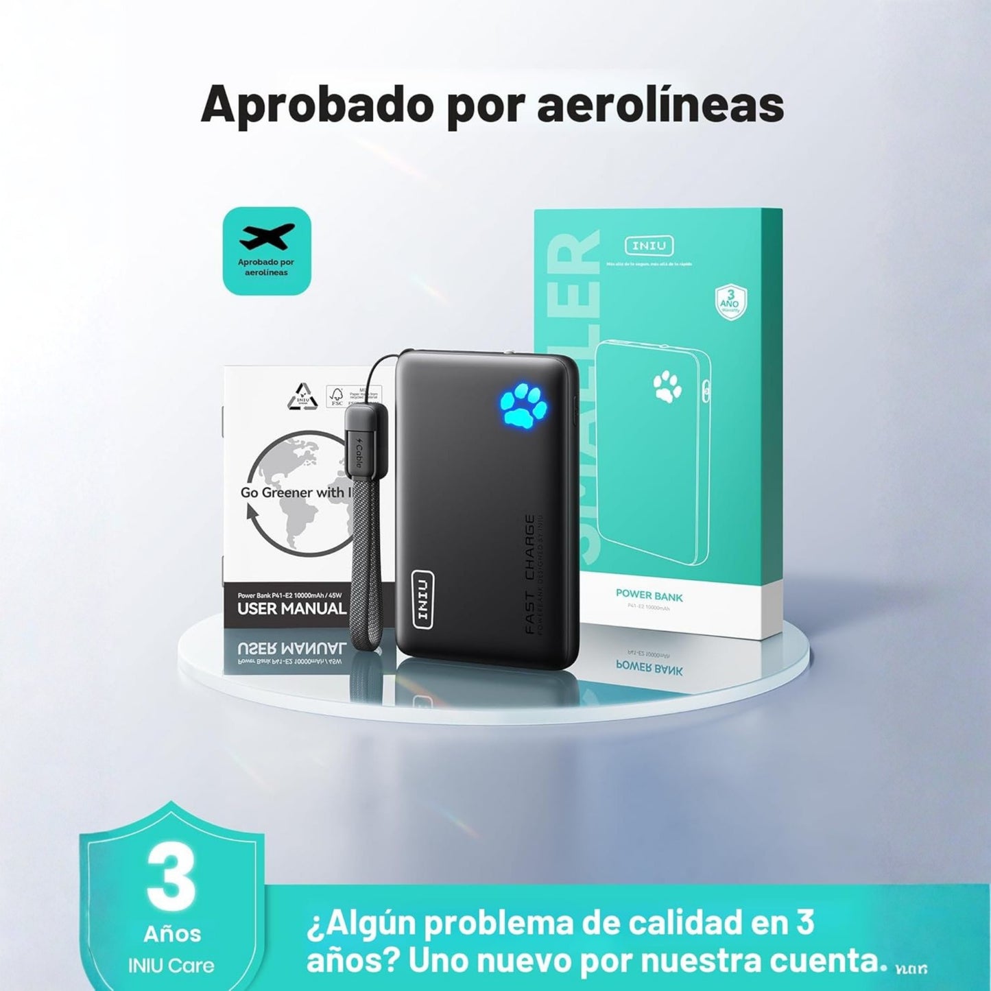 INIU Cargador portátil, ultra delgado de 45W de carga rápida con cable USB C