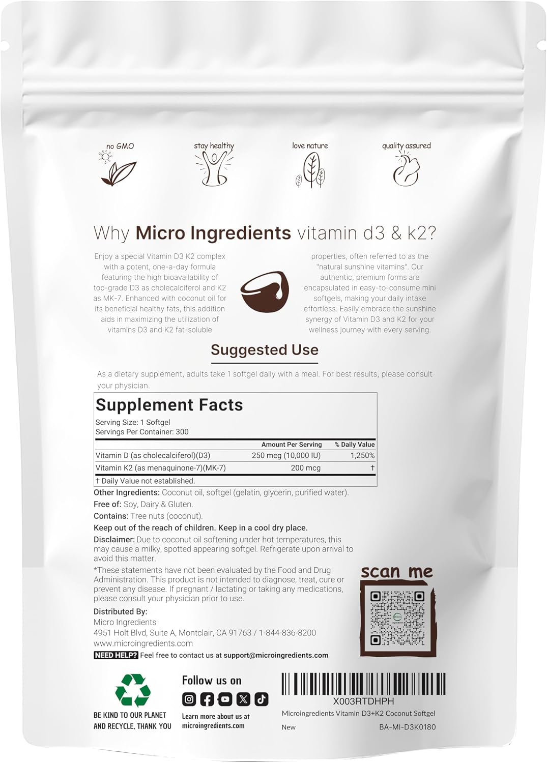 Micro Ingredients Vitamina D3 10,000 IU + K2 MK-7 200 mcg – 300 Softgels